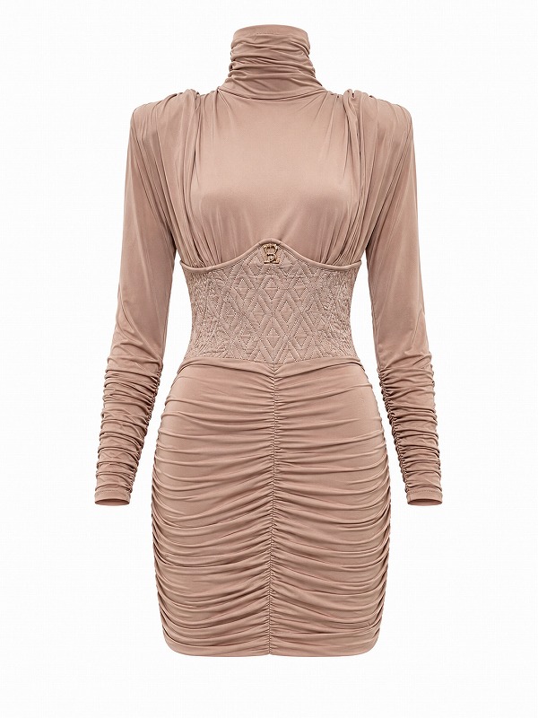 【新品DRESS 1639】バックオープンゴールドロゴブローチストレッチタイトミニドレス ベージュ【ELISABETTA FRANCHI】